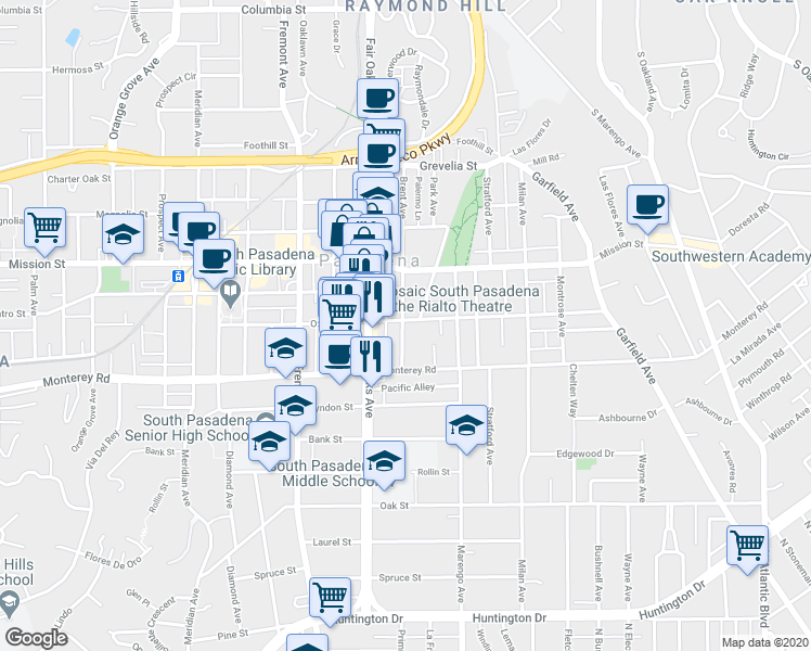 map of restaurants, bars, coffee shops, grocery stores, and more near 1102 Brent Avenue in South Pasadena