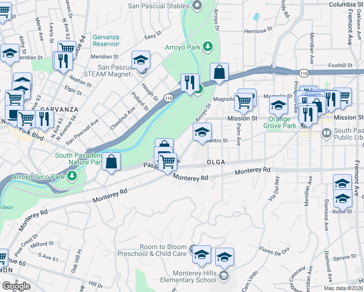 map of restaurants, bars, coffee shops, grocery stores, and more near 315 Pasadena Avenue in South Pasadena