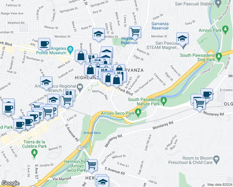 map of restaurants, bars, coffee shops, grocery stores, and more near 139 South Avenue 64 in Los Angeles