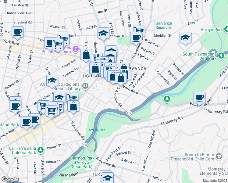 map of restaurants, bars, coffee shops, grocery stores, and more near 139 South Avenue 64 in Los Angeles