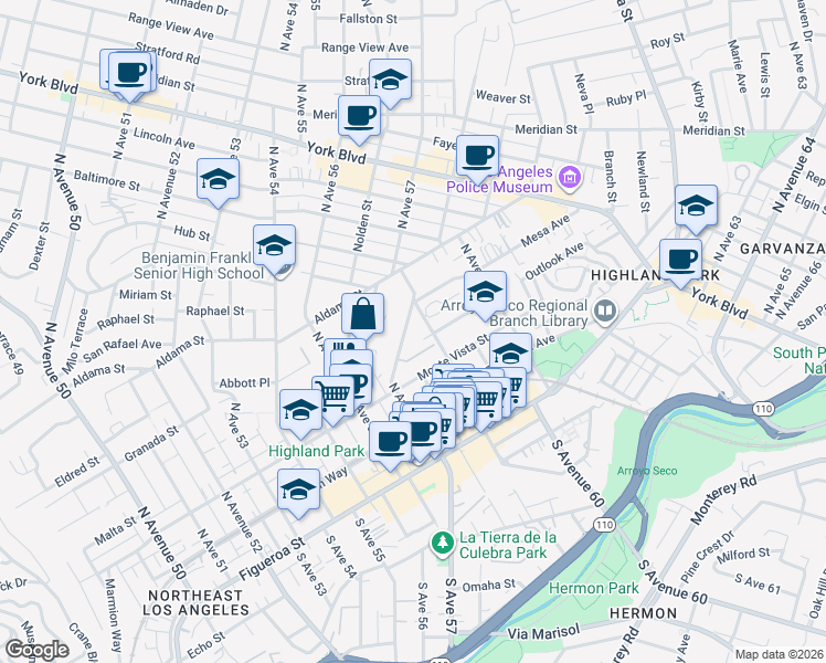 map of restaurants, bars, coffee shops, grocery stores, and more near 339 North Avenue 57 in Los Angeles