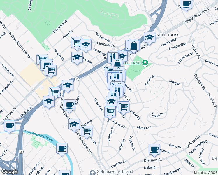 map of restaurants, bars, coffee shops, grocery stores, and more near 3353 Verdugo Road in Los Angeles
