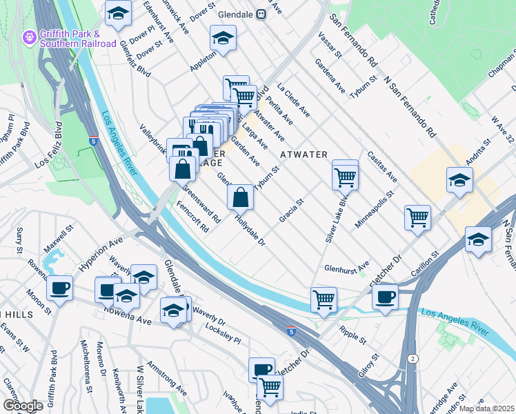 map of restaurants, bars, coffee shops, grocery stores, and more near 3343 Hollydale Drive in Los Angeles