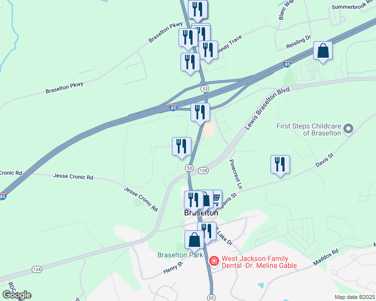 map of restaurants, bars, coffee shops, grocery stores, and more near 5455 Highway 53 in Braselton