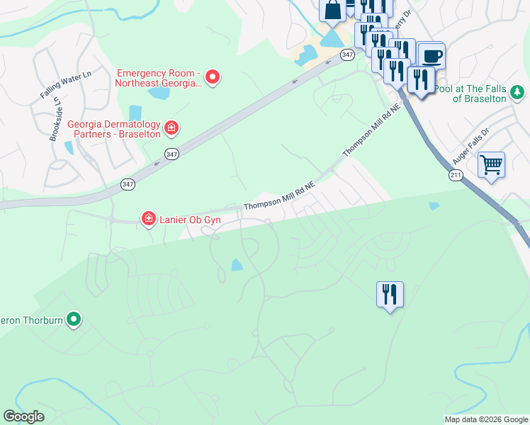 map of restaurants, bars, coffee shops, grocery stores, and more near 2635 Shumard Oak Drive in Braselton