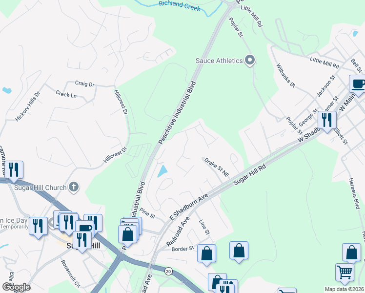 map of restaurants, bars, coffee shops, grocery stores, and more near 4996 Briarcliff Drive in Sugar Hill