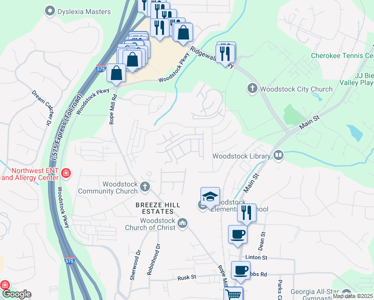 map of restaurants, bars, coffee shops, grocery stores, and more near 1421 Bay Overlook Drive in Woodstock