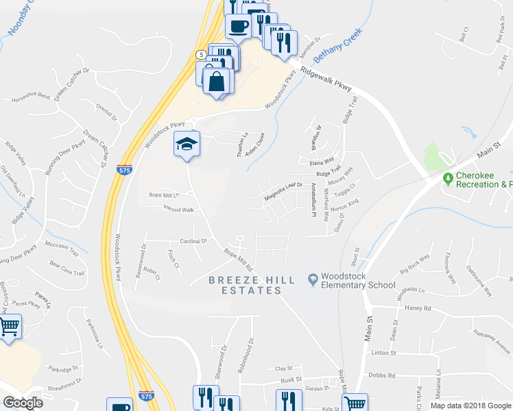 map of restaurants, bars, coffee shops, grocery stores, and more near 922 Magnolia Leaf Drive in Woodstock