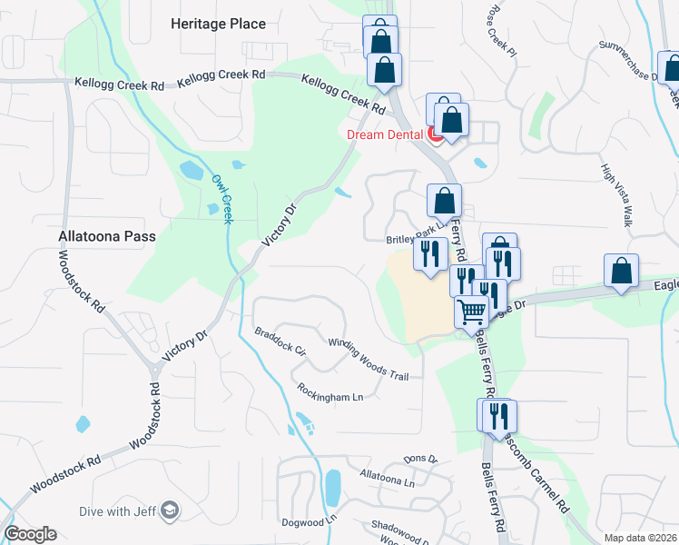 map of restaurants, bars, coffee shops, grocery stores, and more near 1628 Eagle Drive in Woodstock