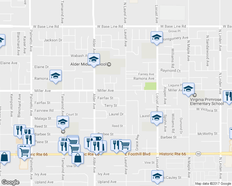map of restaurants, bars, coffee shops, grocery stores, and more near 17835 Miller Avenue in Fontana
