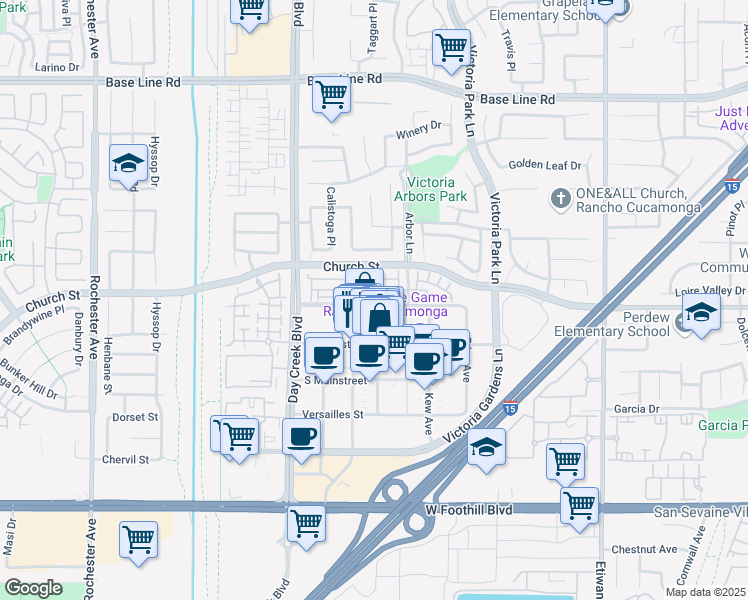 map of restaurants, bars, coffee shops, grocery stores, and more near 12447 Canal Drive in Rancho Cucamonga