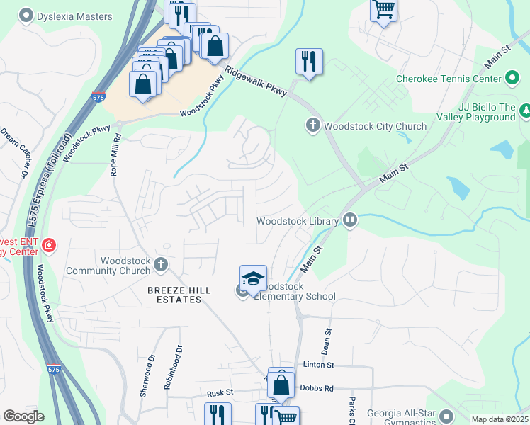 map of restaurants, bars, coffee shops, grocery stores, and more near 405 Norton Crossing in Woodstock