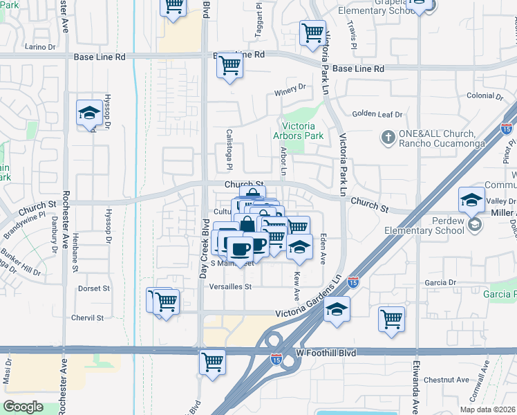 map of restaurants, bars, coffee shops, grocery stores, and more near 12455 Cultural Center Drive in Rancho Cucamonga
