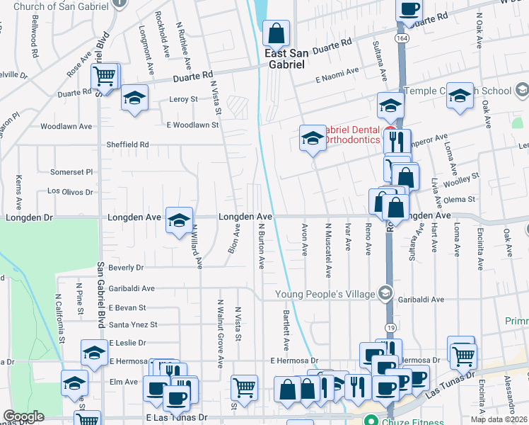 map of restaurants, bars, coffee shops, grocery stores, and more near 8605 Longden Avenue in San Gabriel