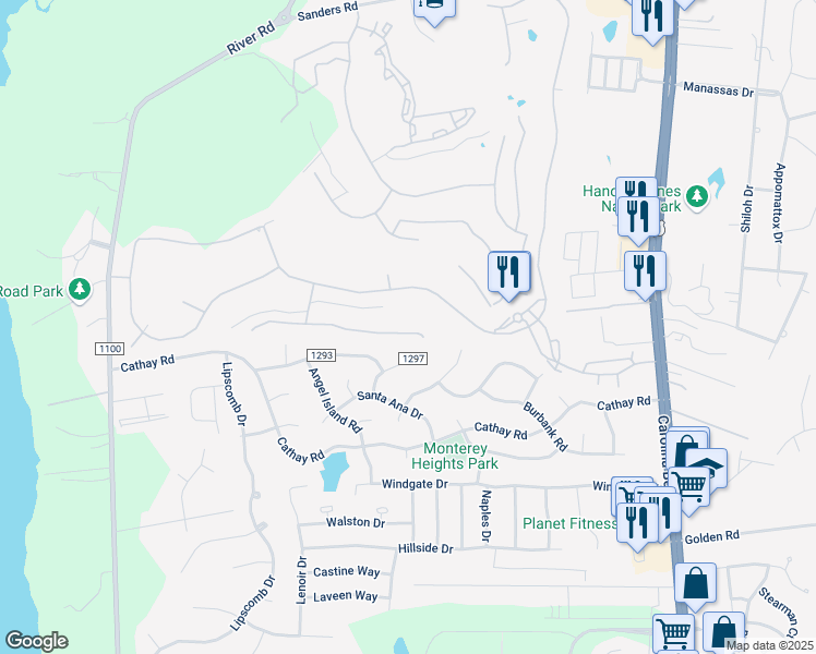 map of restaurants, bars, coffee shops, grocery stores, and more near 539 Chattooga Place in Wilmington