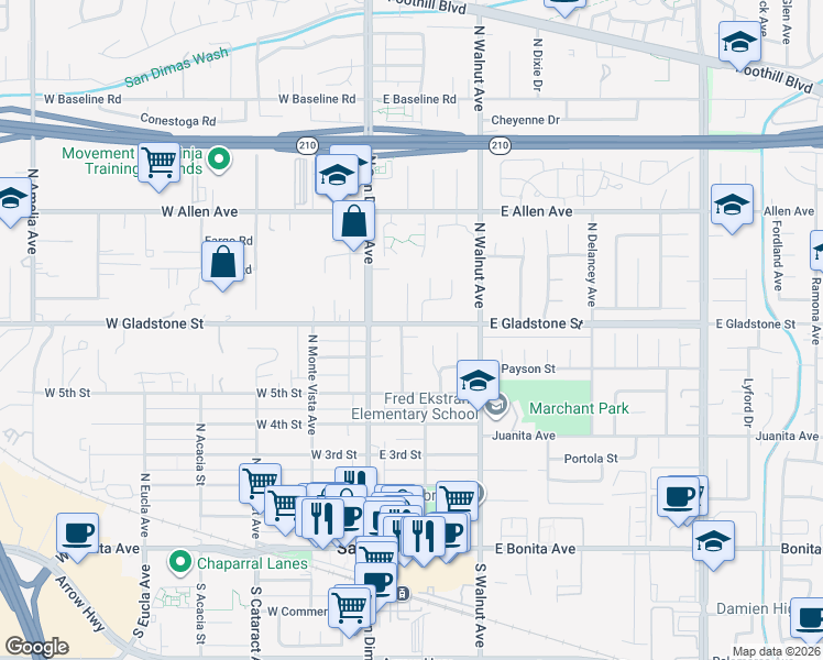 map of restaurants, bars, coffee shops, grocery stores, and more near 150 East Gladstone Street in San Dimas
