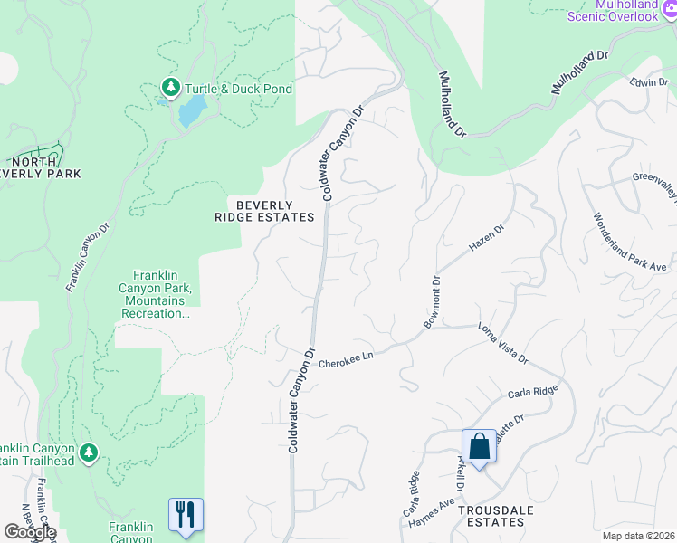 map of restaurants, bars, coffee shops, grocery stores, and more near 9559 Sherwood Forest Lane in Beverly Hills