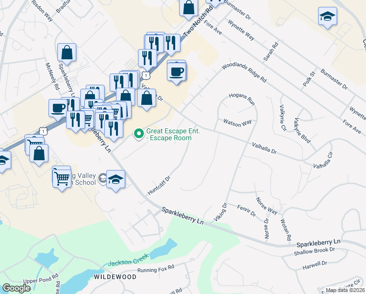map of restaurants, bars, coffee shops, grocery stores, and more near 308 Huntcliff Drive in Columbia