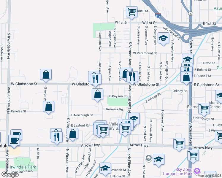 map of restaurants, bars, coffee shops, grocery stores, and more near 5527 North Gareloch Avenue in Azusa