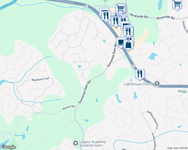 map of restaurants, bars, coffee shops, grocery stores, and more near 5823 Suwanee Dam Road in Buford