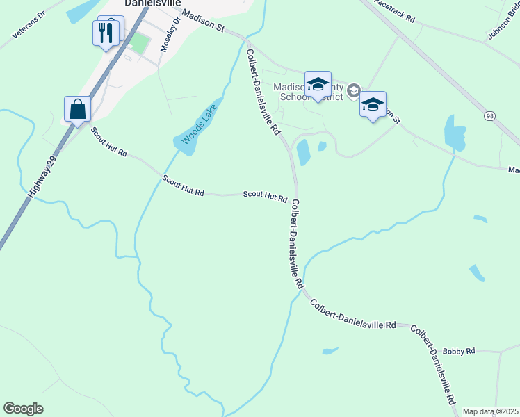 map of restaurants, bars, coffee shops, grocery stores, and more near 1 Gosnell-Hutto Road in Danielsville