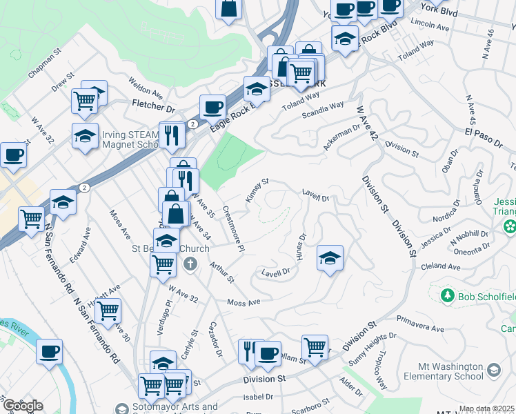 map of restaurants, bars, coffee shops, grocery stores, and more near 2537 El Rosa Drive in Los Angeles