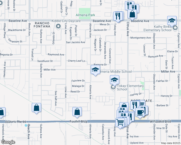 map of restaurants, bars, coffee shops, grocery stores, and more near 7723 Almeria Avenue in Fontana