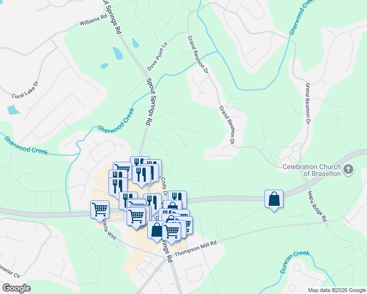 map of restaurants, bars, coffee shops, grocery stores, and more near 7285 Spout Springs Road in Flowery Branch