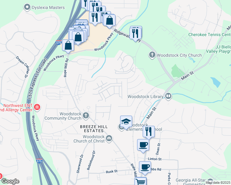 map of restaurants, bars, coffee shops, grocery stores, and more near 1420 Bay Overlook Drive in Woodstock