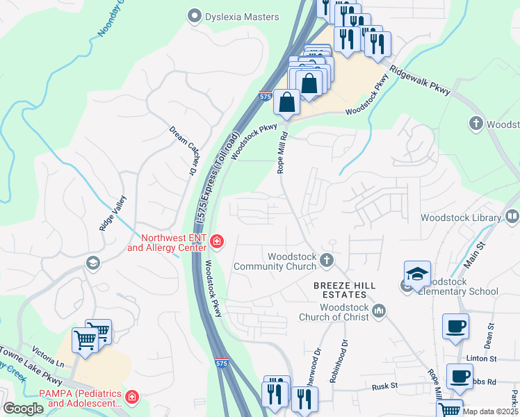 map of restaurants, bars, coffee shops, grocery stores, and more near 307 Riverton Way in Woodstock