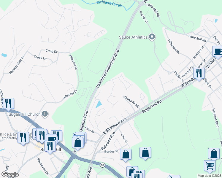map of restaurants, bars, coffee shops, grocery stores, and more near 4996 Briarcliff Drive in Sugar Hill