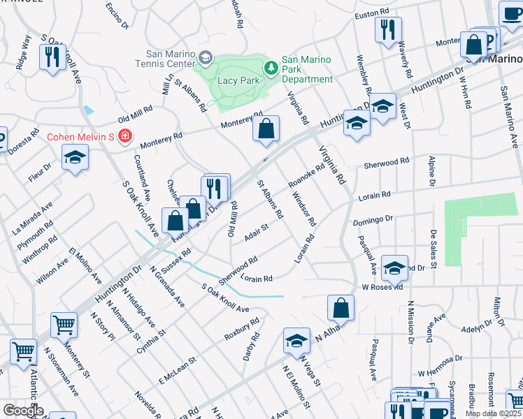 map of restaurants, bars, coffee shops, grocery stores, and more near 1272 Roanoke Road in San Marino