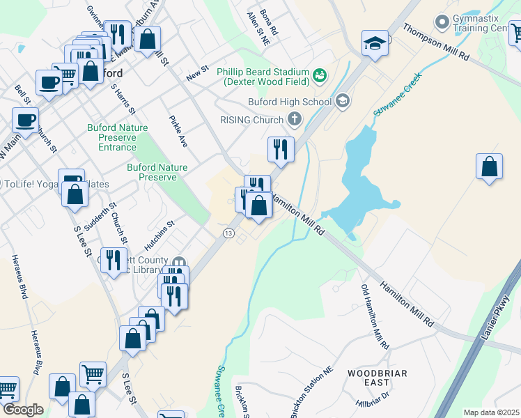 map of restaurants, bars, coffee shops, grocery stores, and more near 23 Buford Village Way in Buford