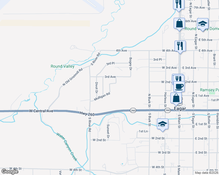 map of restaurants, bars, coffee shops, grocery stores, and more near Mulligan Road in Eagar
