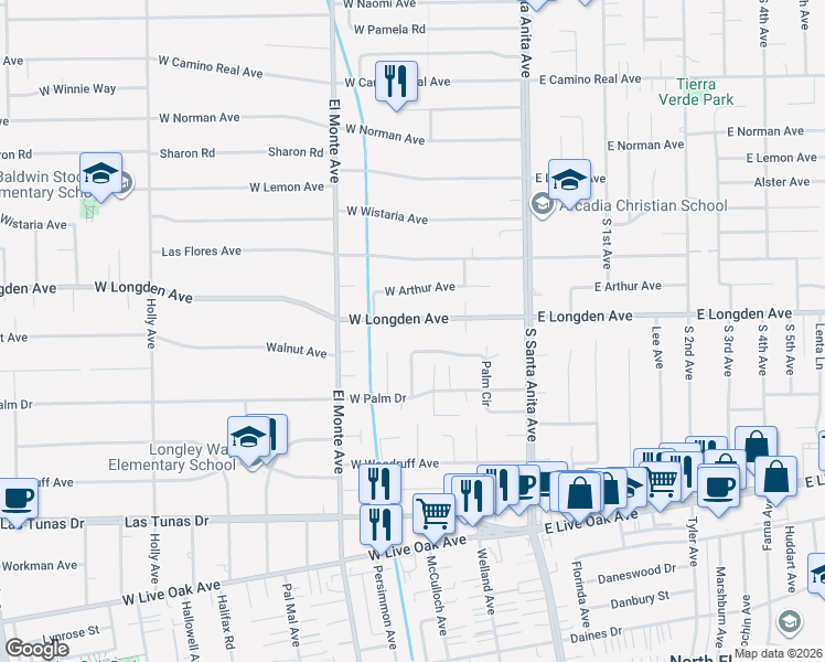 map of restaurants, bars, coffee shops, grocery stores, and more near West Longden Avenue in Arcadia