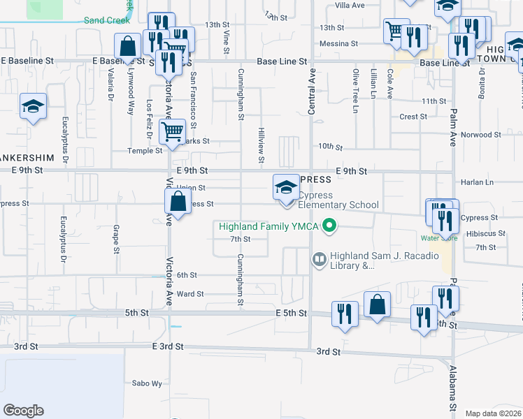 map of restaurants, bars, coffee shops, grocery stores, and more near 26759 Hibiscus Street in Highland