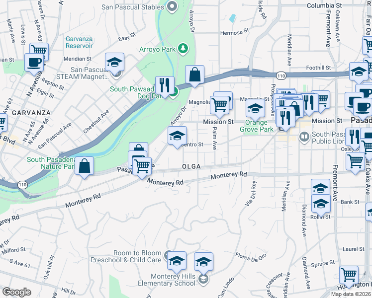 map of restaurants, bars, coffee shops, grocery stores, and more near 401 El Centro Street in South Pasadena