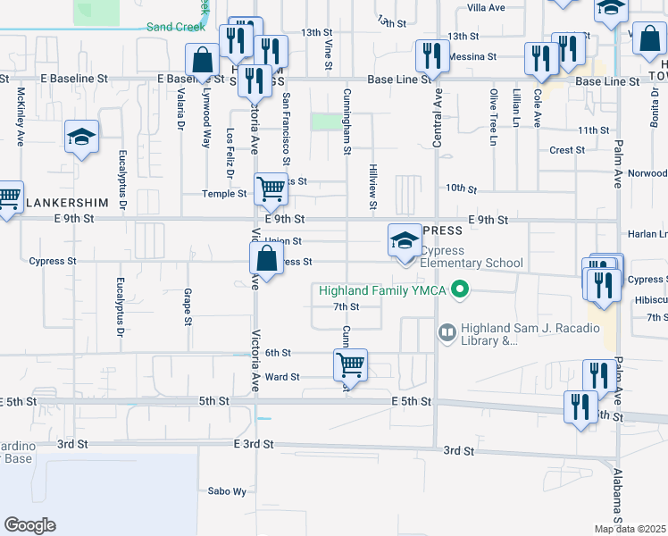 map of restaurants, bars, coffee shops, grocery stores, and more near 7776 Cunningham Street in Highland