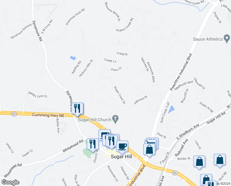 map of restaurants, bars, coffee shops, grocery stores, and more near 5200 Sugar Crest Rd in Sugar Hill