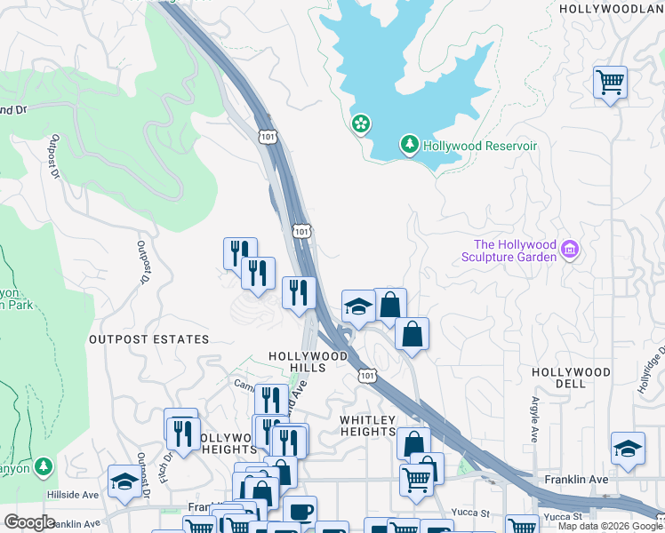 map of restaurants, bars, coffee shops, grocery stores, and more near 3400 North Cahuenga Boulevard in Los Angeles