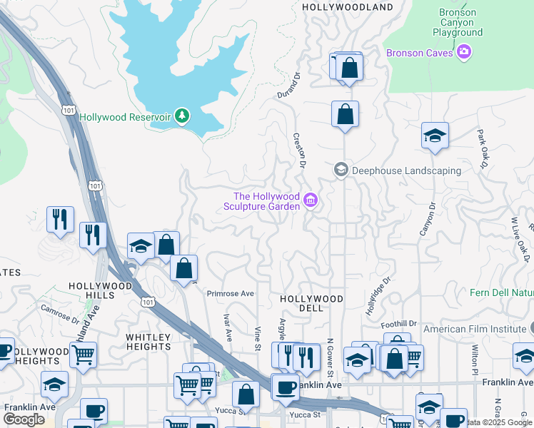 map of restaurants, bars, coffee shops, grocery stores, and more near 2419 El Contento Drive in Los Angeles