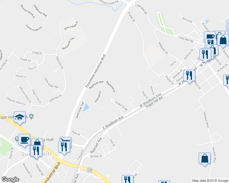 map of restaurants, bars, coffee shops, grocery stores, and more near 5066 Maplecliff Drive in Buford
