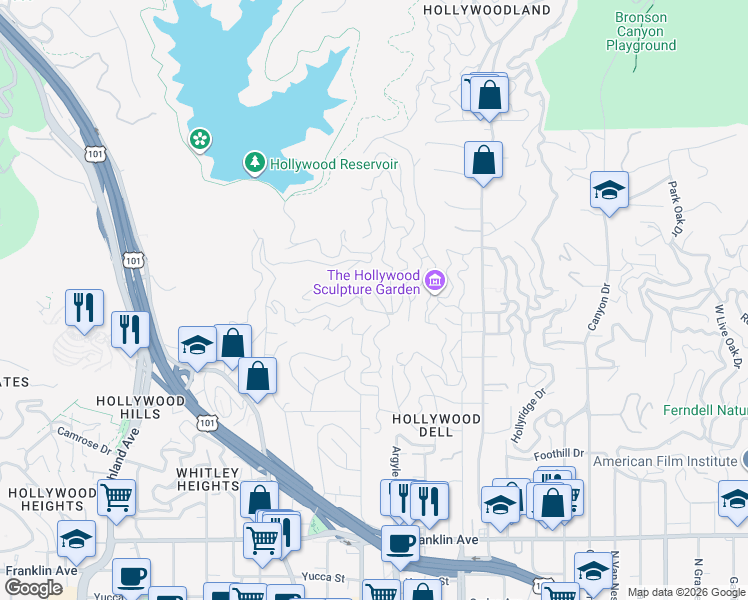 map of restaurants, bars, coffee shops, grocery stores, and more near 2419 El Contento Drive in Los Angeles