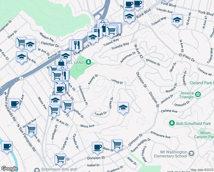 map of restaurants, bars, coffee shops, grocery stores, and more near 3666 The Paseo in Los Angeles