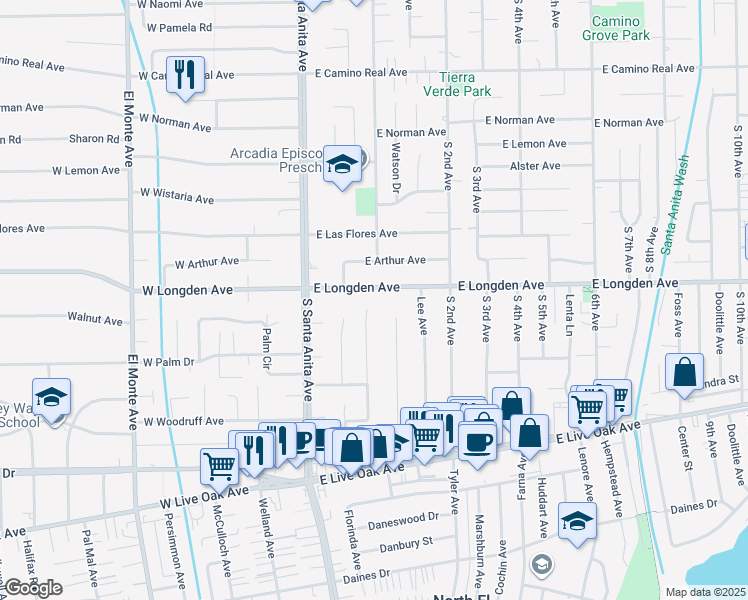 map of restaurants, bars, coffee shops, grocery stores, and more near 68 East Longden Avenue in Arcadia