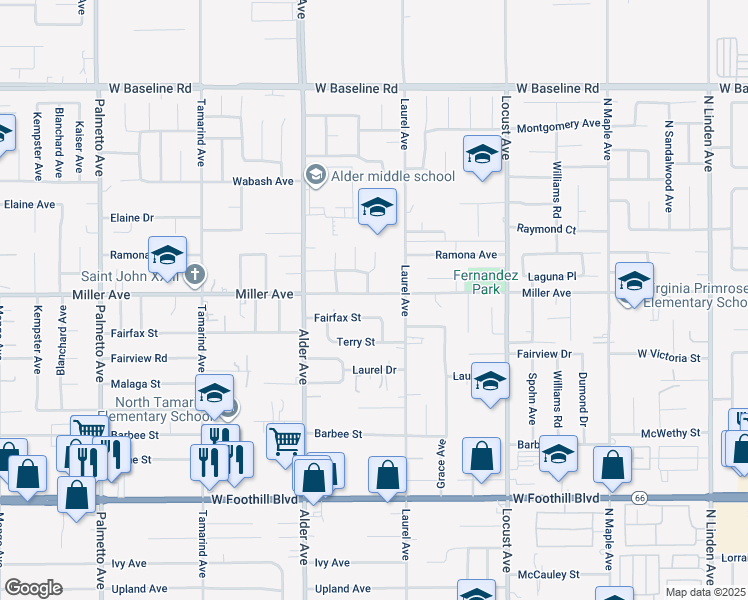 map of restaurants, bars, coffee shops, grocery stores, and more near 17835 Miller Avenue in Fontana