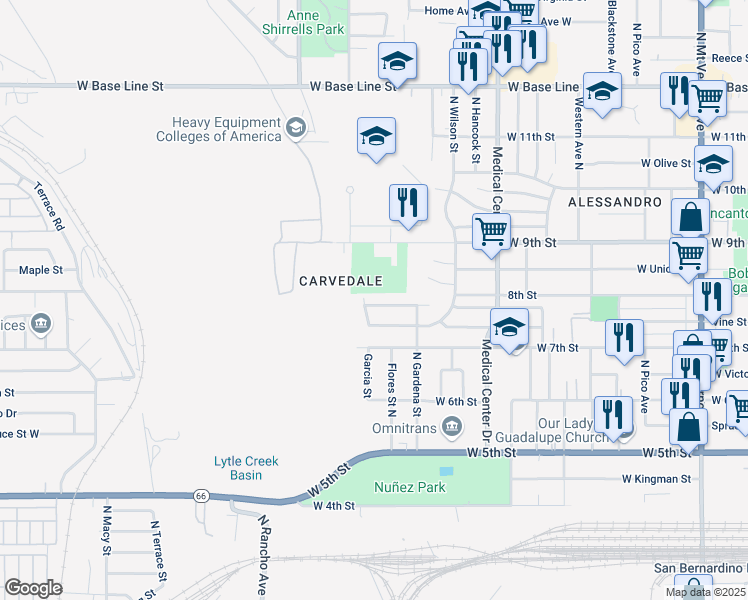 map of restaurants, bars, coffee shops, grocery stores, and more near 780 Garcia Street in San Bernardino