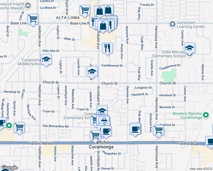map of restaurants, bars, coffee shops, grocery stores, and more near 9758 Alton Drive in Rancho Cucamonga
