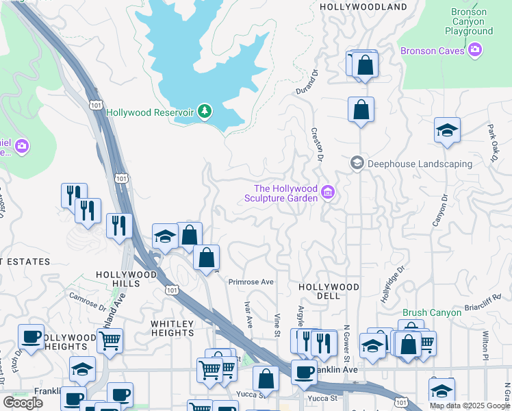 map of restaurants, bars, coffee shops, grocery stores, and more near 6383 Quebec Drive in Los Angeles