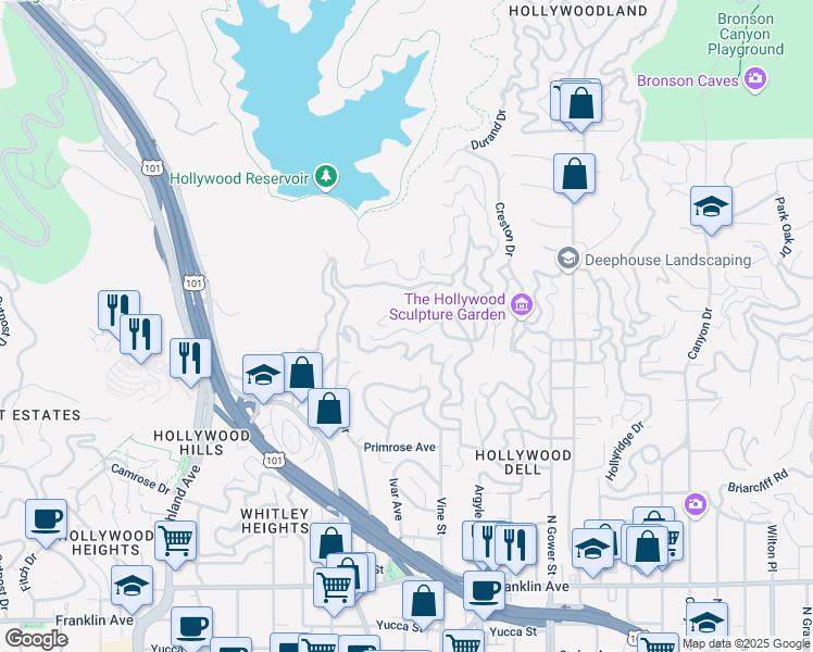 map of restaurants, bars, coffee shops, grocery stores, and more near 6383 Quebec Drive in Los Angeles